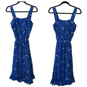 Vintage 70s Blue White Sundress, 1970s Summer Dress Ruffle Hem, Boho Rockabilly